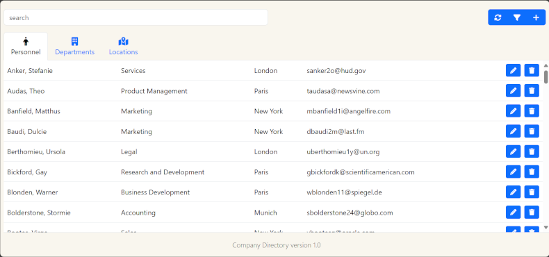 Screenshot of Company Directory project personnel management interface
